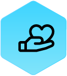 Wound Logic Icon hand holding heart in blue hexagon
