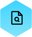 WoundLogix_BlueHexIcon_file_magnifyingglass Wound Logic Icon Magnifying Glass over File in a Blue Hexagon