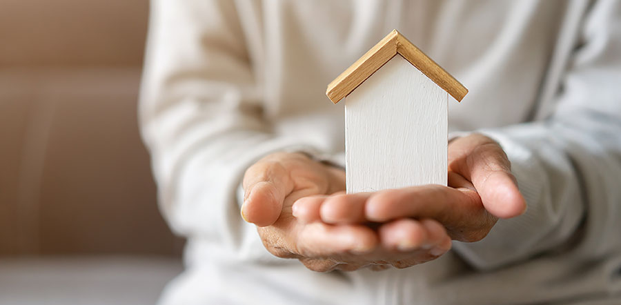 wooden home toy on a pair of outstretched hands
